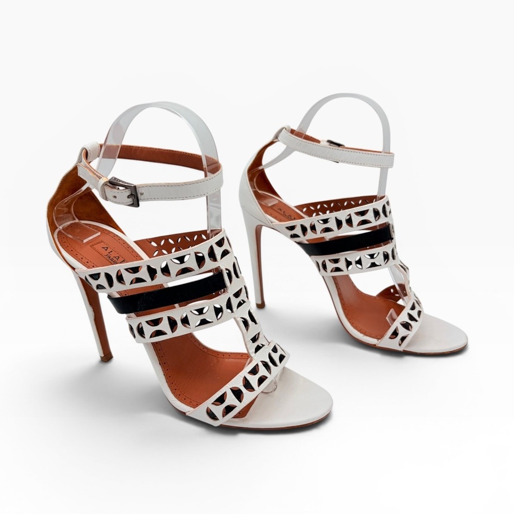 Alaia Laser Cut Leather Sandals 38 White Black Geometric Stiletto Ankle Strap